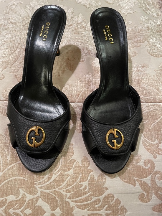 Gucci Shoes - Gucci Black Leather Open-Toe Mule Sandals with Gold GG Medallion